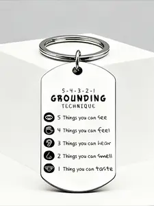 Anxiety Relief Grounding Technique Engraved Stainless Steel Minimalist Design Stylish Keychain, with stress-relief exercises, relieves anxiety, an ideal gift, Sensory Fidget Keychain