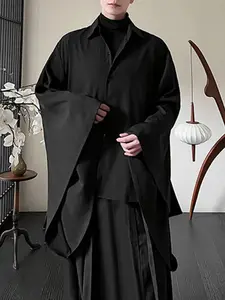 INCERUN Men's Fashion New Chinese Design Big Sleeve Long Sleeve Plain Solid Color Casual Shirt, Spring & Fall Daily Wear, Comfortable and Stylish, Top