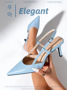 New Spring Summer Women's Light Blue Soft Leather Pointed Toe Slingback Heeled Sandals, Adjustable Metal Buckle Ankle Strap Stiletto Heels, Clean Fit Quiet Luxury Elegant High Heels, Elegant Party Shoes, Footwear