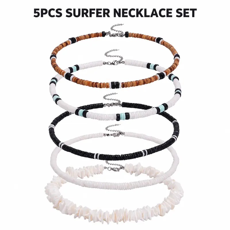 5PCS Surfer Necklace Set, White Puka Shell & Beach Beaded Necklaces for Men and Women, Trendy Summer Choker Jewelry