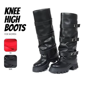 Womens Knee High Boots Slouchy Fold Over Platform Booties Chunky High Heels Long Ruched Boot Gothic Buckle Round Toe Dress Fall Fashion shoes