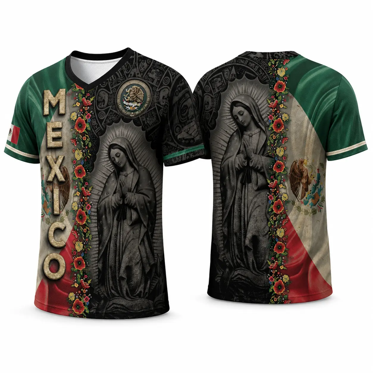 Men's Our Lady of Guadalupe V-Neck Shirt, Sporty Mexico Floral Graphic, Breathable Short Sleeve Polyester Mesh Casual Wear