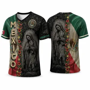 Men's Mexico Shirt, Our Lady of Guadalupe Graphic V-Neck, Breathable Polyester Mesh Short Sleeve Casual Wear