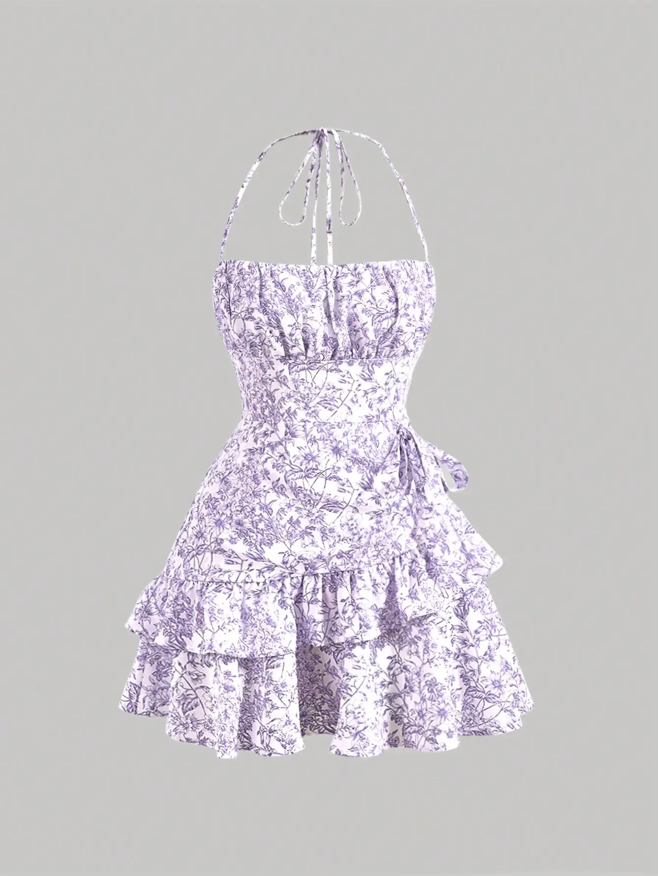 RTL Allover Floral Print Ruffle Trim Tie Side Halter Summer Short Dress Pastel Lavender Dress