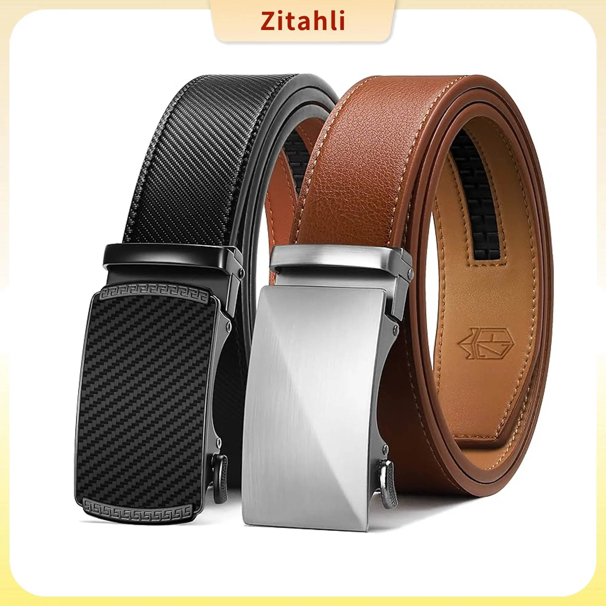 Zitahli Men's 2-Pack Leather Ratchet Belt - Snap Buckle, Automatic Buckle, 1/5" Adjustments, Alloy Construction, Trim to Fit for Dress & Casual Use, Ideal Gift, Access to Customer Service,clothes for back to school,first day of school outfits Belts