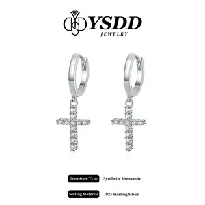 【#533 Holiday&Xmas-17】Full Moissanite Cross Dangling Huggie vvs Synthetic Moissanite Earrings in 925 Sterling Silver