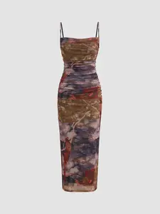 Floral, vintage, ruched strap summer dress, Fit, Womenswear
