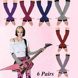 6Pairs Women's Long Fingerless Gloves,Knitted Tall Striped Hand Warmers Thumbhole Stretch Gloves - Cozy Warm In Fall And Winter - Elasticized Cold Weather Cuffs For Outdoor Adventures