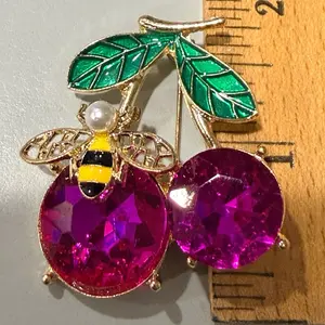 Cartoon Style Cherry and Bumblebee Brooch with Hot Pink Rhinestones, Unisex Female Fashion Accessory, Locking Back Back Clip Collar Clip