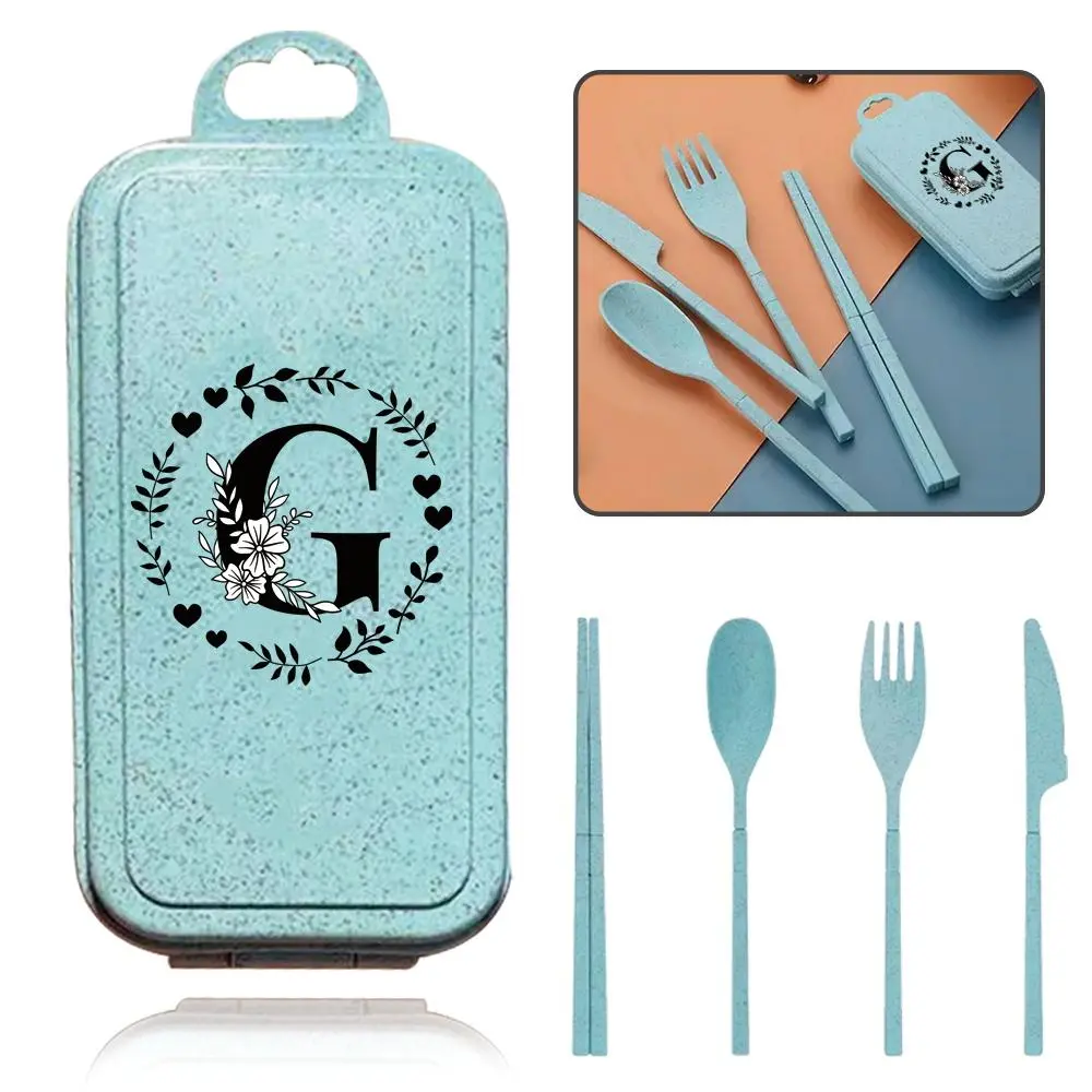 Initial Name Letter Pattern Durable Tableware Set, 4 Counts/set Including Fork, Spoon, Knife, Chopsticks & Storage Box, Reusable Cutlery Set for Home Kitchen Dining Room, Forks Spoons And Knives Set, Dinnerware Service Set