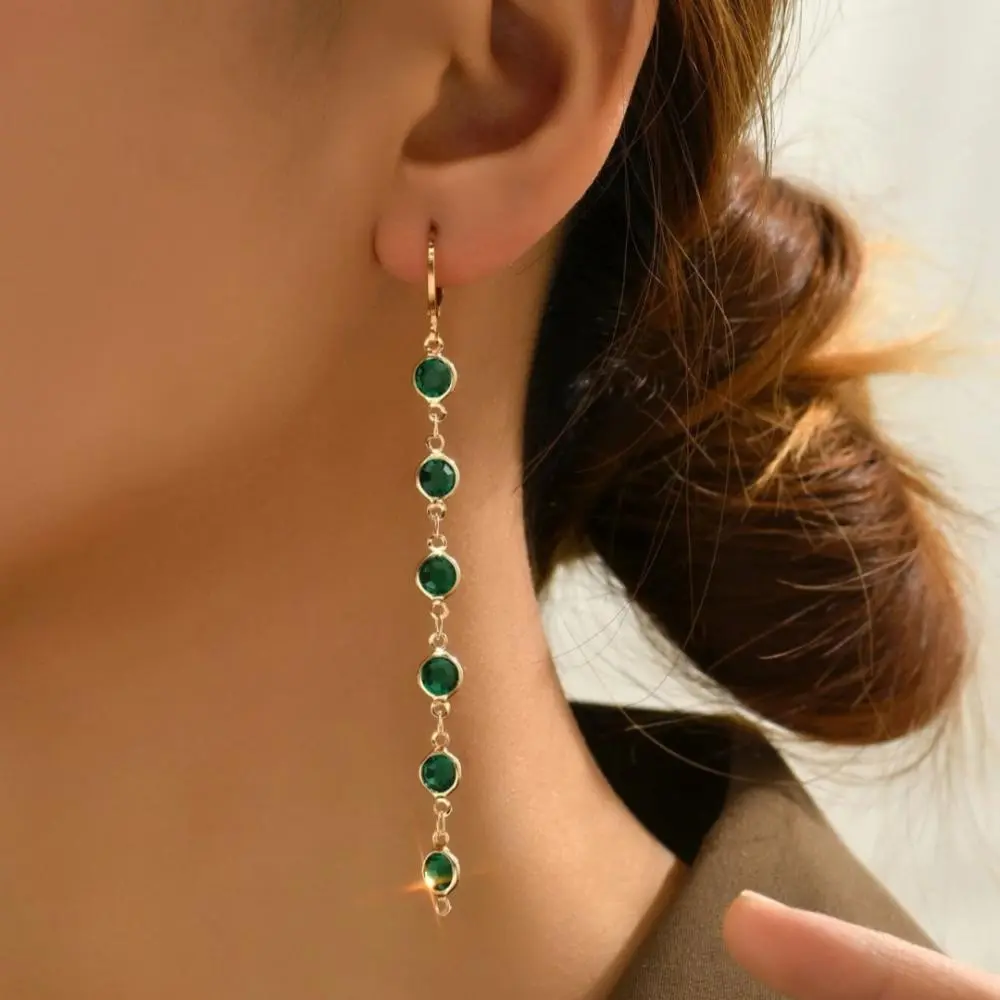 South Korea Colorful Drop Rhinestone Earstring Fashion Temperament Simple Green Round Bead Long Tassel Earrings Women's Jewelry