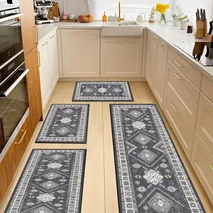 Kitchen rug set 3pieces/4 pieces gray, non-slip and machine washable, bohemian style vintage rug, suitable for farmhouse corridor kitchen bathroom dining room living room, Halloween Christmas New Year decoration indoor area