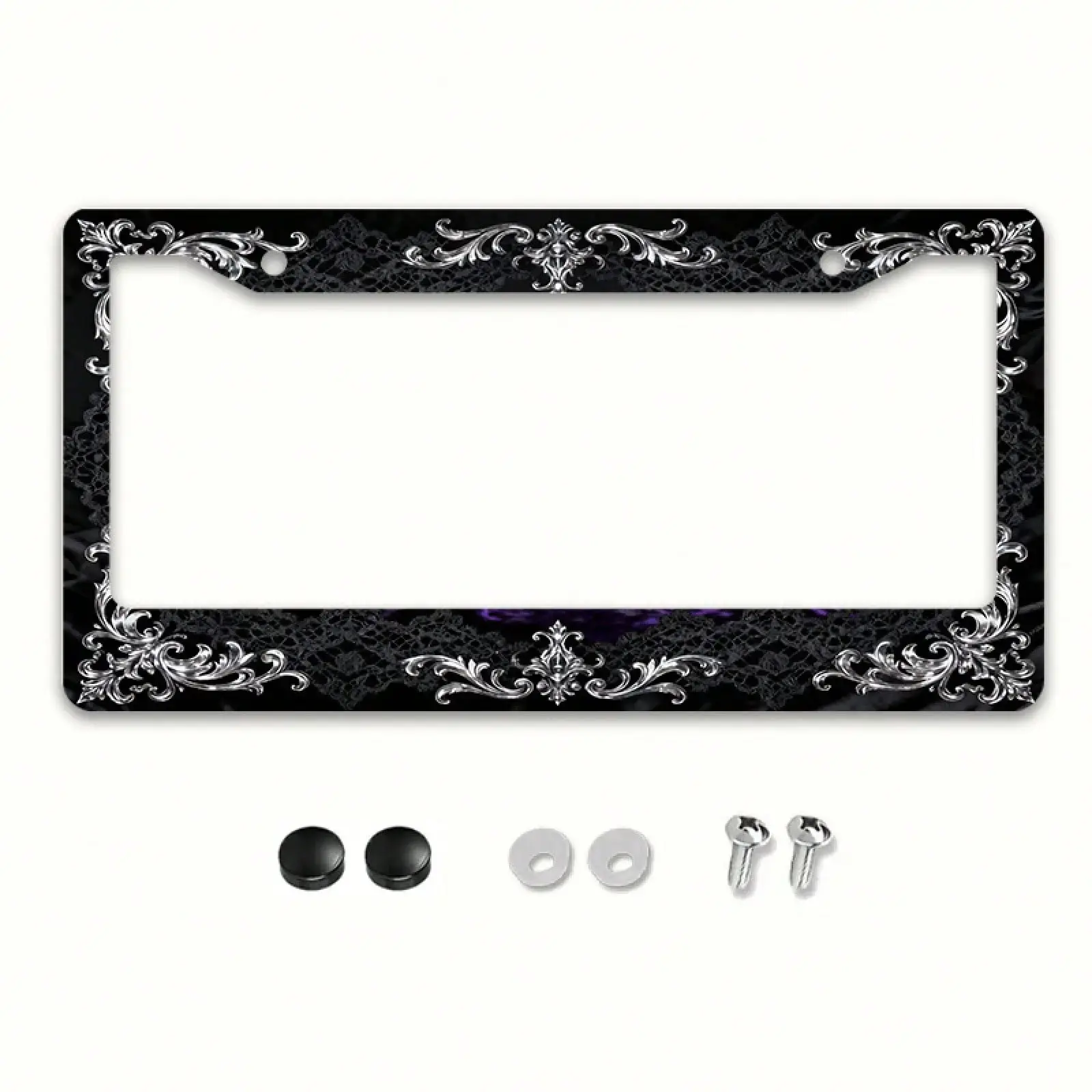 1pc Vintage Silver Metal License Plate Frame - Luxury Engraved Black Lace Car Tag Holder with Screws, Antique Dreamy Style Auto Decor Car Accessories Auto Parts Accessories License Plate