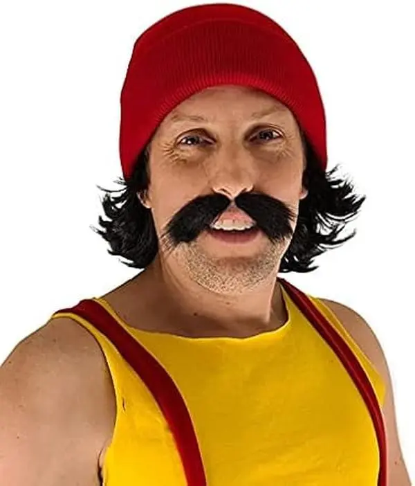 HandinHandCreations Men's Hippie 3-Piece Costume Set with Wig, Mustache & Knit Beanie for Halloween, Festivals & Office Parties, Menswear, Clothes