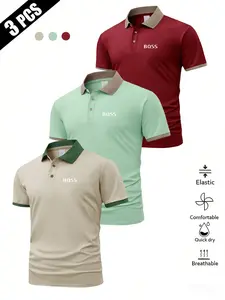 Men's Summer Classic Bqss Letter Print Short Sleeve Polo Shirt, Breathable Comfort Business Casual Golf Wear
