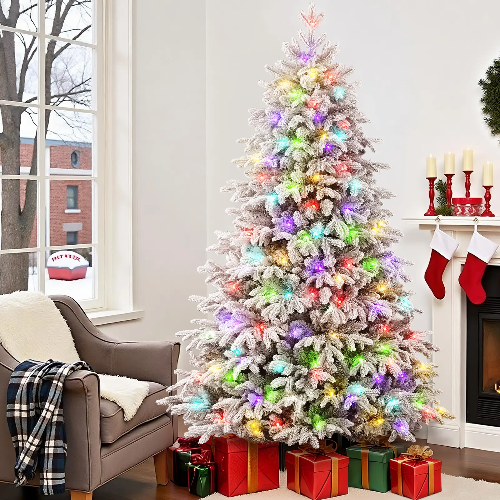 Shareconn Classic Prelit Snow Flocked Floor Christmas Cedar Tree (4.5/5.5/6.5/7.5/8/9 ft) - 3 Hinged Parts, Deluxe Hierarchical Design, PE+PVC Branch Tips, RGB Lights, Remote Control, Auto Power Off, CR2025 Lithium Cell, Easy Install, Home Decoration, 7.5