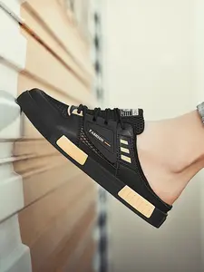 Plus Size Men's Black-White Bamboo Pattern Mule Sneakers, Chinese Style Light Cool Style, Leather Paneling + Mule Slip-On Design + Bamboo Pattern Decor, Chinese Style Eye-Catching, Ideal for Plus Size Men's Daily Leisure & Light Outings, Slip On Mules