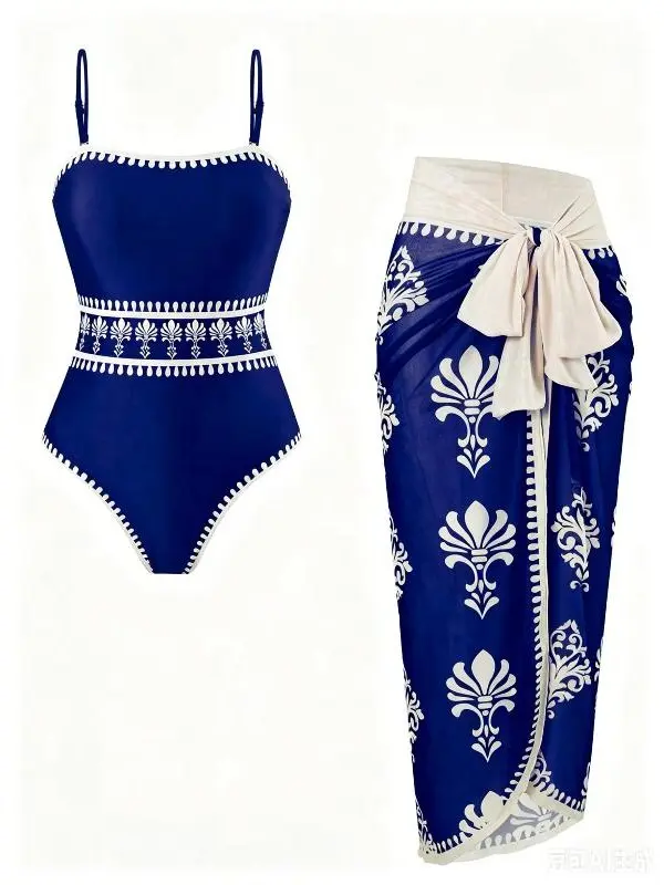 Women's Bohemian Navy Baroque All-Over Print 2-Piece Swimdress Set - Adjustable Strap Bodysuit, Tie-Front Sheer Sarong, Boho Bow Wrap for Beach Use, No, Vintage Swimwear, All Over Print Swimdresses, Adjustable Tie-On One-Piece Swimdresses