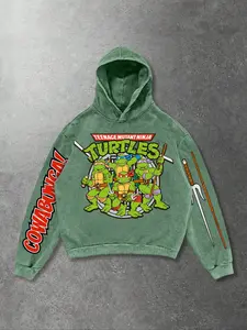Retro TMNT Hoodie, Retro Teenage Mutant Ninja Turtles graphic hoodie, washed vintage sage green, bold turtle shell design and weapon details on the back, Comfortable, Casual streetwear