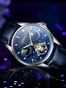 Namkin Men's Mechanical Watch, Starry Sky Dial, Earth Moon Phase, Tourbillon Design, Blue Leather Strap, Casual Daily Wear