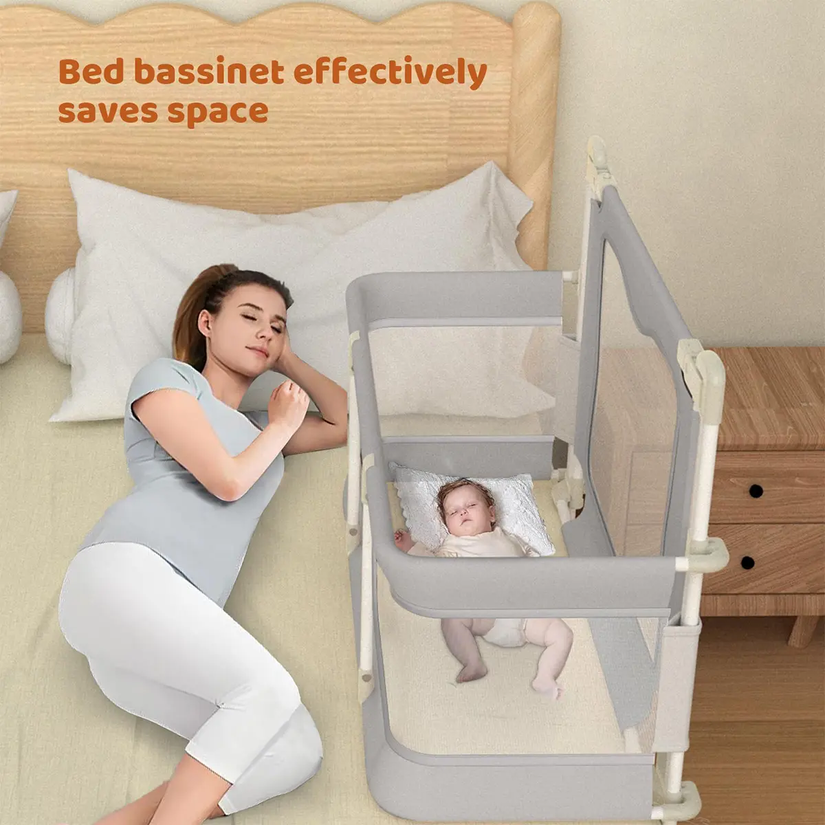 3 in 1 Baby Bedside Sleeper Portable Crib, Foldable Bed Rail for Toddlers, Co-Sleeping Baby Bed, Playpen, Suitable for Twin, Full, King & Queen Size Bed