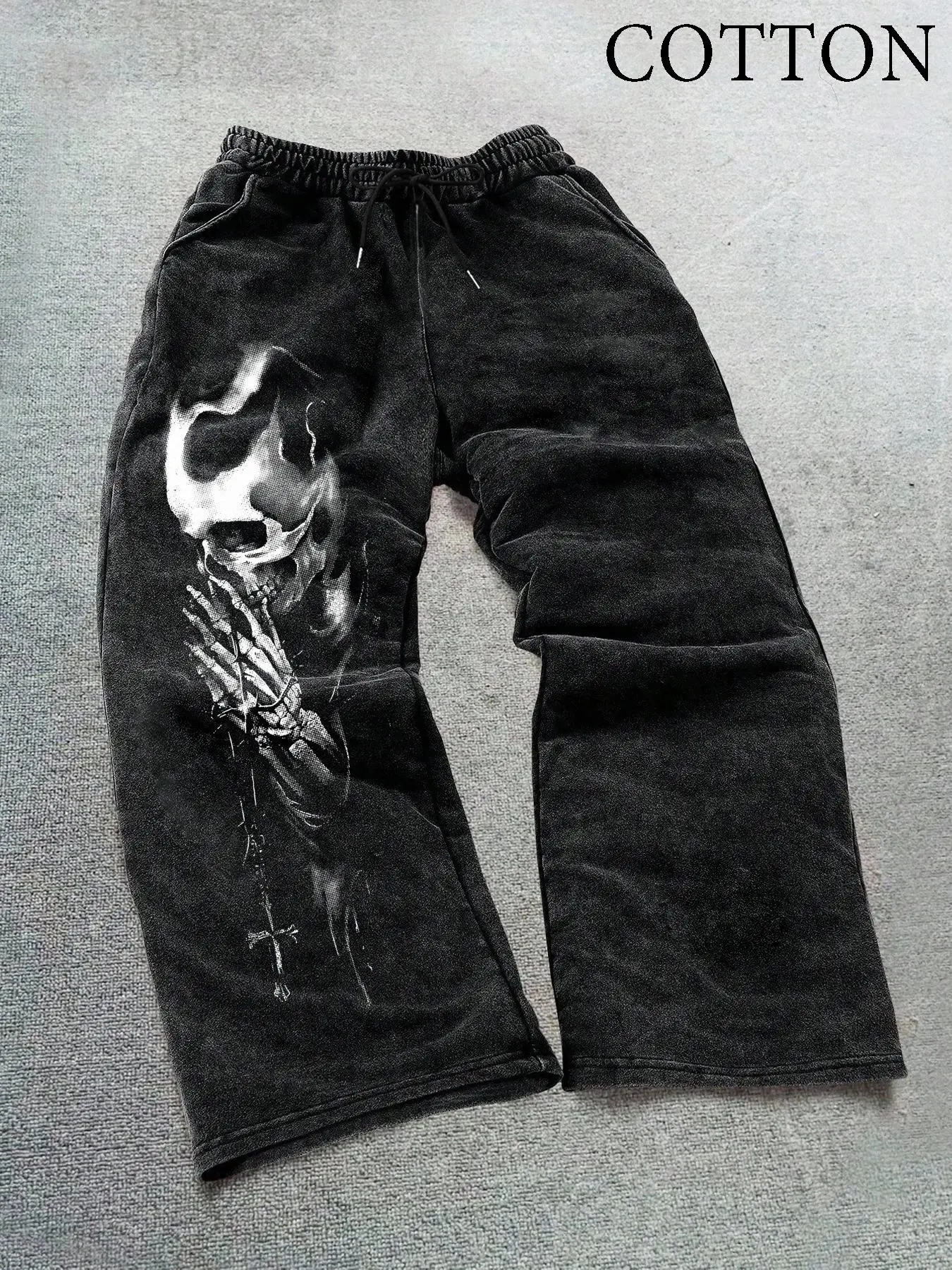 Men's Versatile Sweatpants, Casual Sport Trousers, Durable Cotton Fabric, Skull Print, Side Dual Pockets, Outdoor Activities, Casual Comfort, All Seasons, Gothic Graphic Sweatpants, Casual Sportswear Pants, Fitted Sweatpants
