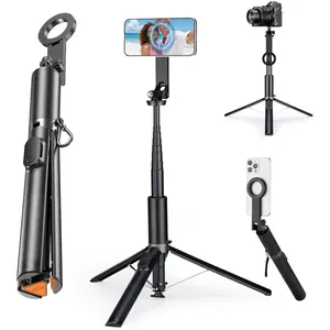 64" Magnetic Selfie Stick Tripod Stabilizer, Portable Selfie Accessory, Auto-Open Tripod Stand with 360° Rotatable Phone Stand with Metal Ring & Rechargeable Remote for iPhone/Android Smartphone Accessories