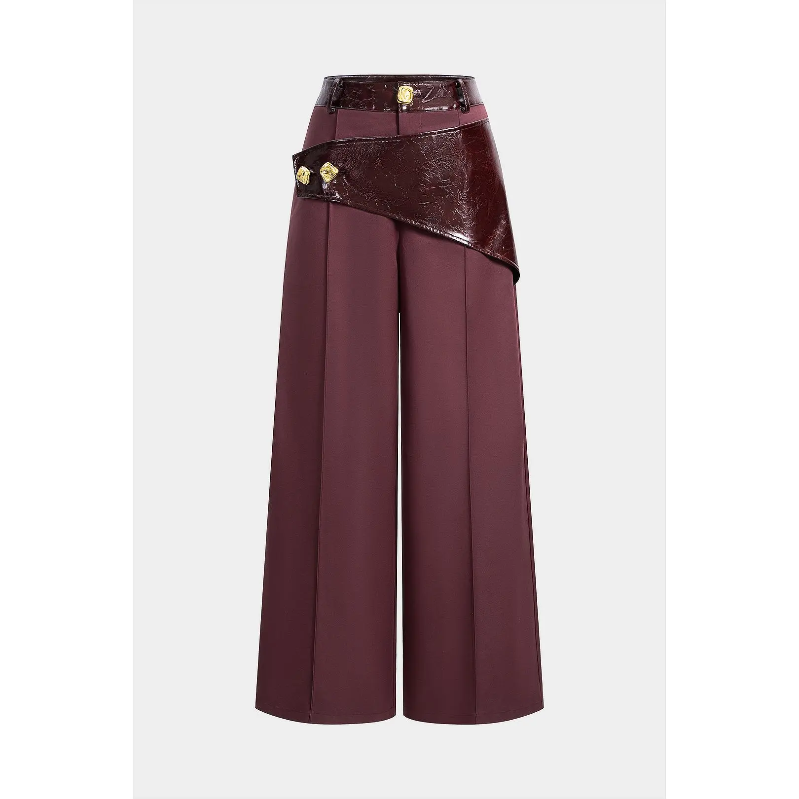 Faux Leather Patchwork Asymmetrical Metallic Button Wide Leg Pants