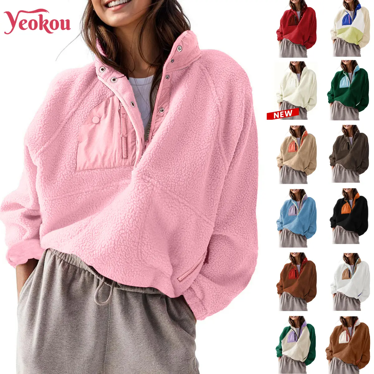 Yeokou Women's Chic Cute Korean Preppy Color Block Fuzzy Sherpa Pullover - Casual Cropped Fleece Jacket with Half-Snap Stand Collar and Pockets, High-Quality Fabric, Party, Zipper