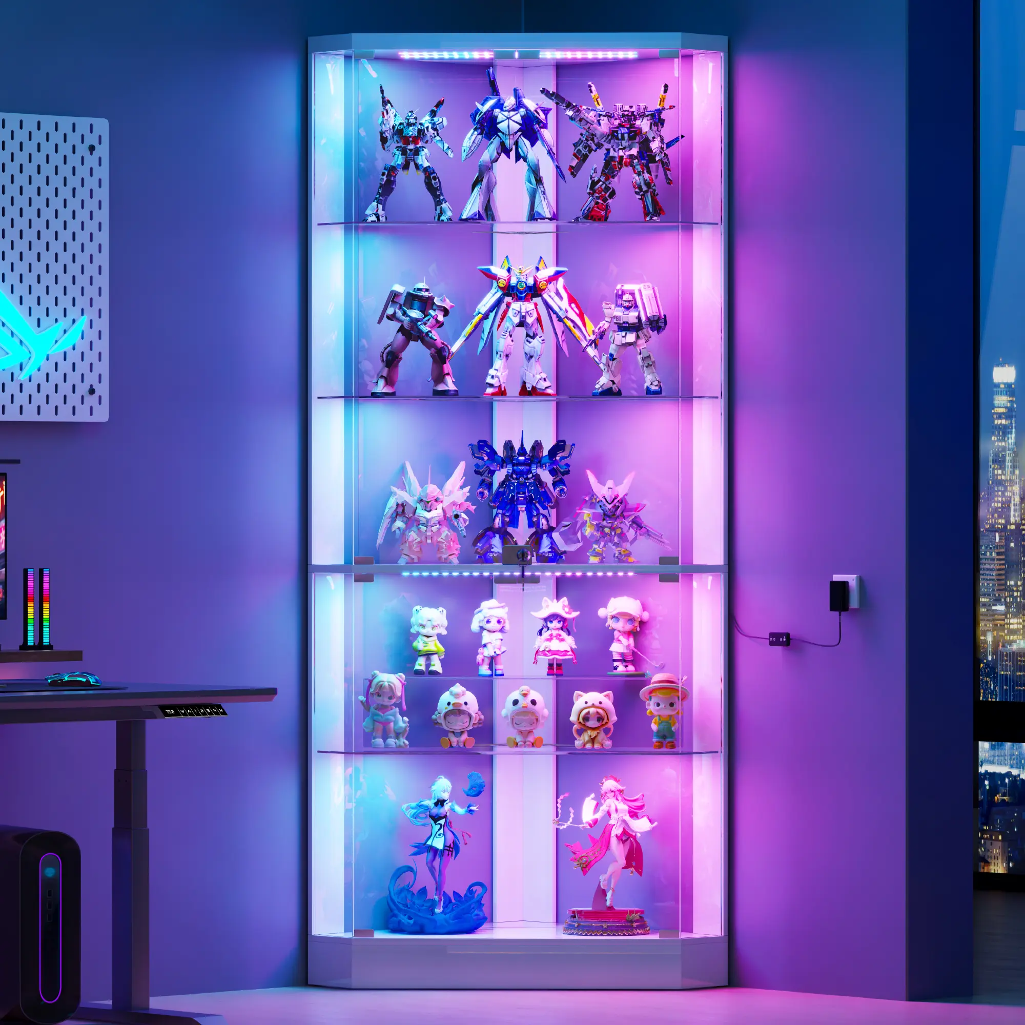 Vlsrka 5-Tiers Corner Display Cabinet with RGB Lights for Collectibles, 69" Tall Curio Cabinet Display Case with Lock, Showcase Display Shelf for Books,Collectibles,Liquor,Living Room,E-sports room