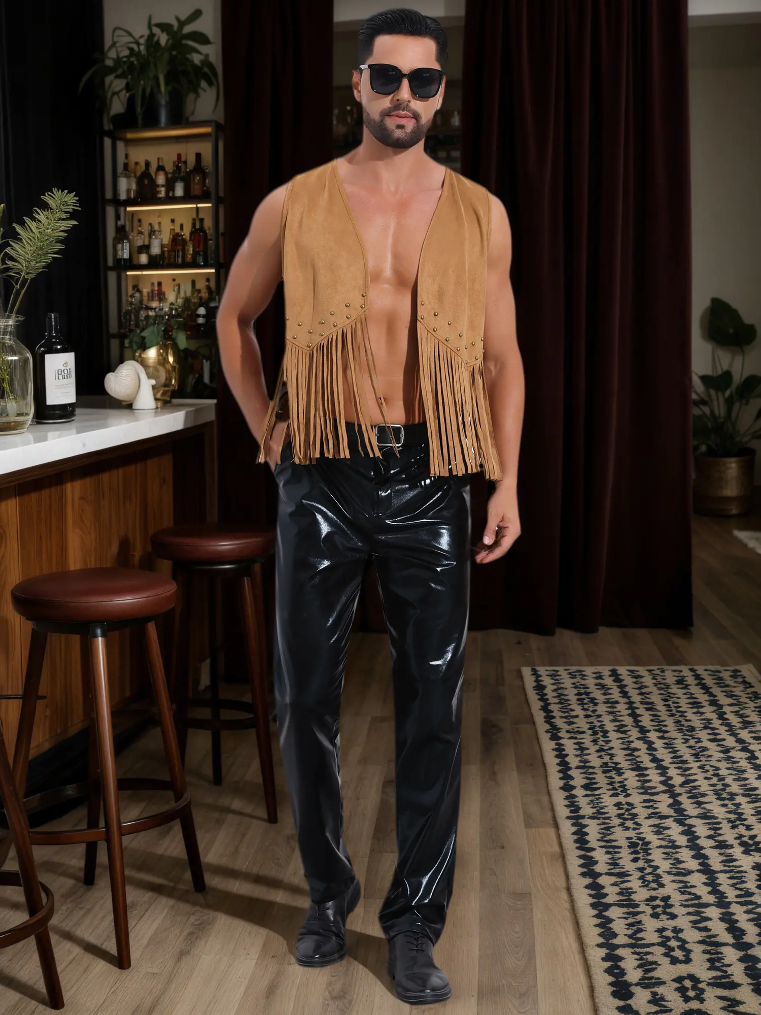 INSPIRE CHIC Western Retro Vest Men's Open Front Sleeveless Suede Tassel Cardigan