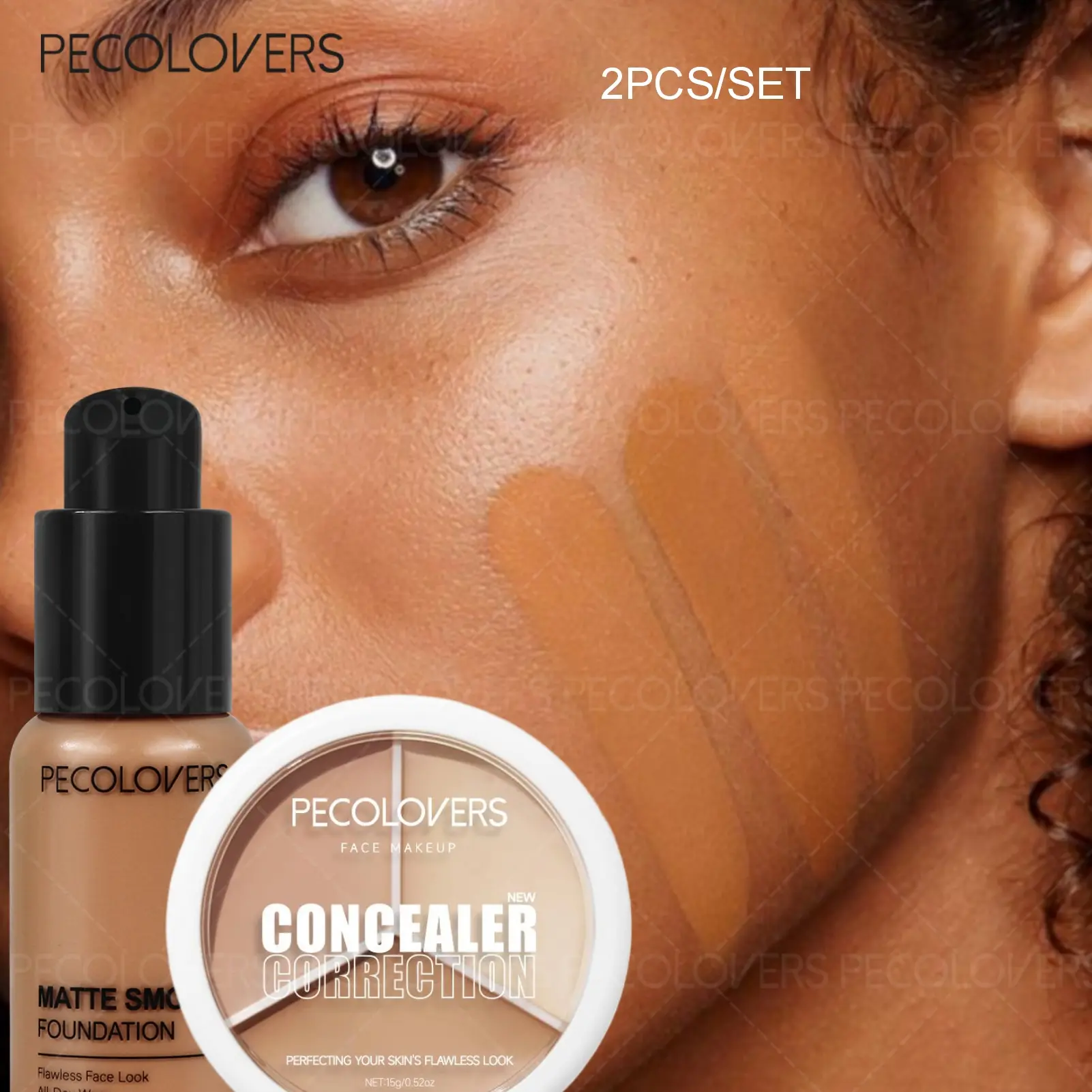2pcs/set Full Coverage Foundation & 3-Color Concealer Palette - Hydrating Liquid Concealer Matte High Coverage Waterproof Oil Control Moisturizing Long Lasting Concealer Professional Face Makeup Complexion Perfecting Set
