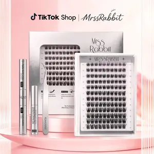 Miss Bunny Dreamy Eyelash & Full Lash Set, mixed lengths 9–16 mm, no salon lash extension skills needed; fluffy D curl dynamic individual cluster extensions; easy at-home makeup application—set includes adhesive, lash remover, and tweezers; multi-size las