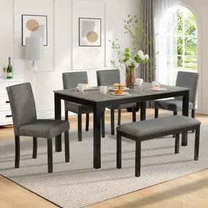 6-Piece Dining Table Set with Bench and Chairs, Dining Table Set for 6 with Bench, Wooden Dining Table Set for Kitchen, Dining Room, Light Grey & Black Two Tone
