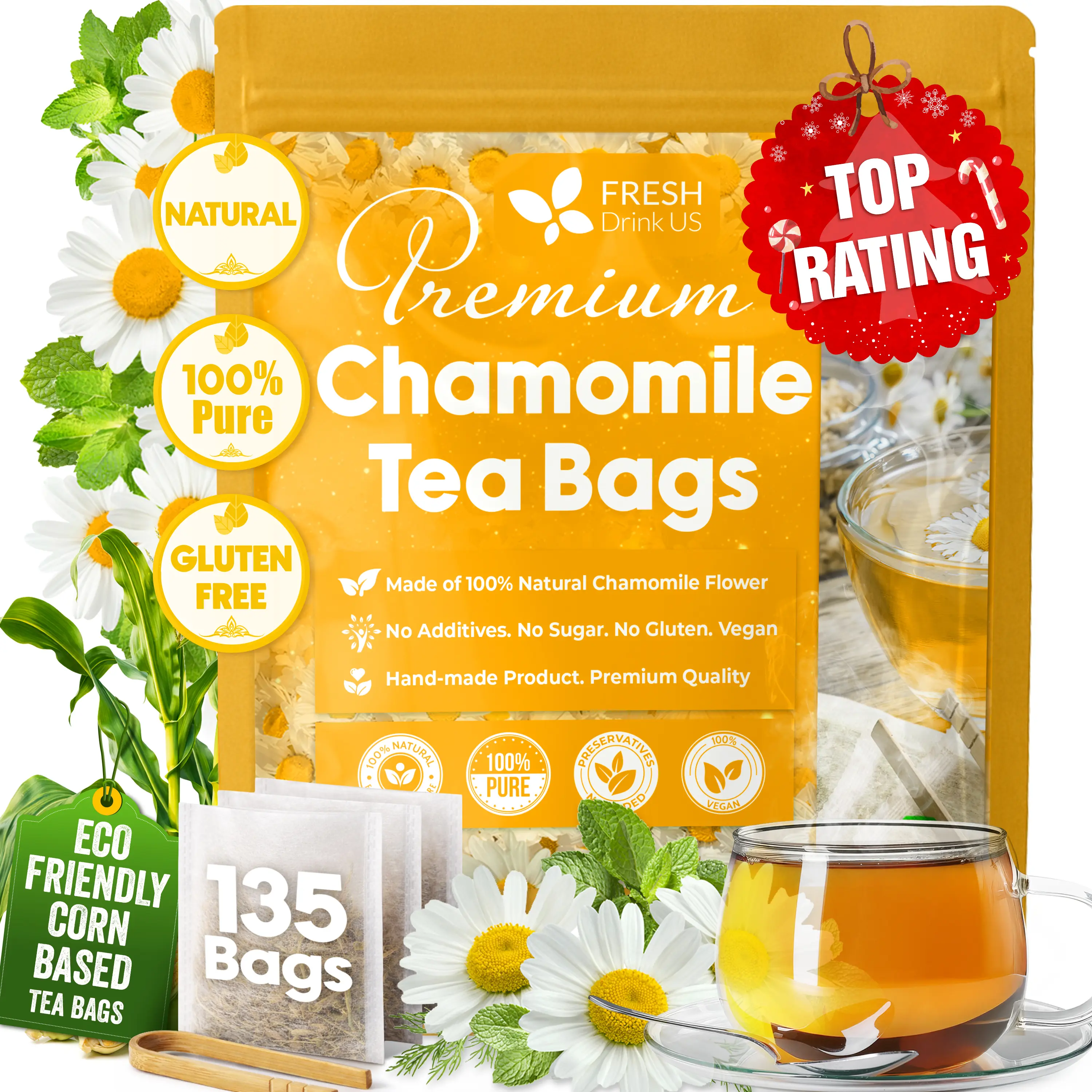 【FreshDrinkUS】 Chamomile Tea, 100% Natural and Pure Chamomile Flowers, Eco-conscious Tea Bags. Chamomile Flower Herbal Tea. No Sugar, No Caffeine, No Gluten, Vegan - Beverage