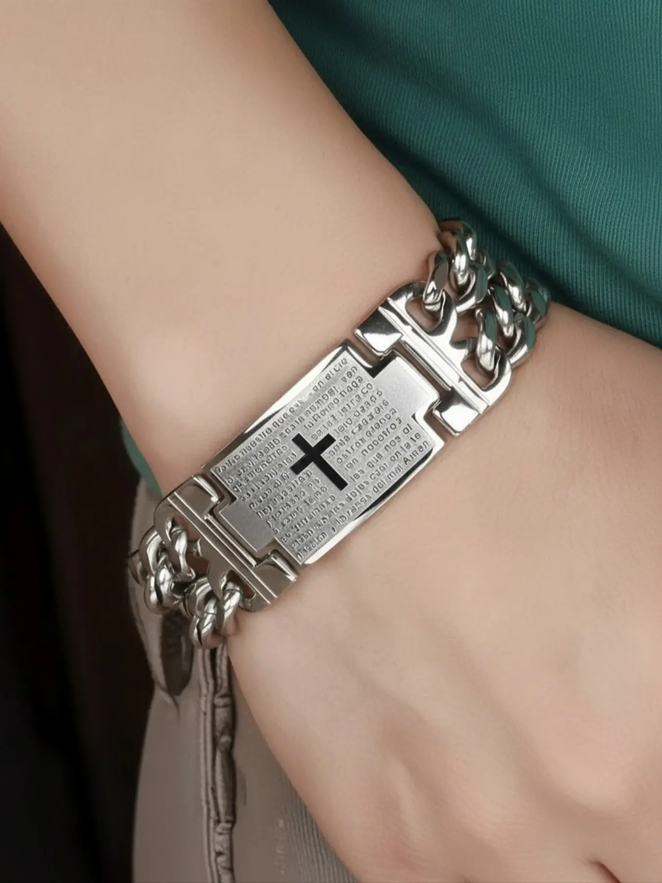 Minimalist Cross Double Row Wide Hand Chain, Letter Link Bracelet, Punk Waterproof Men's Jewelry, Non-Fading, Perfect Gift, Stainless Steel Bracelet, All Seasons