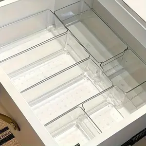 7-Piece Transparent Plastic Cosmetic Storage Box Set, Stackable Drawer Dividers, Easy Assembly, No Power Needed, Desk Organization, Multi Grids Organizer, Home Organizer, Cosmetics Organizer Storage