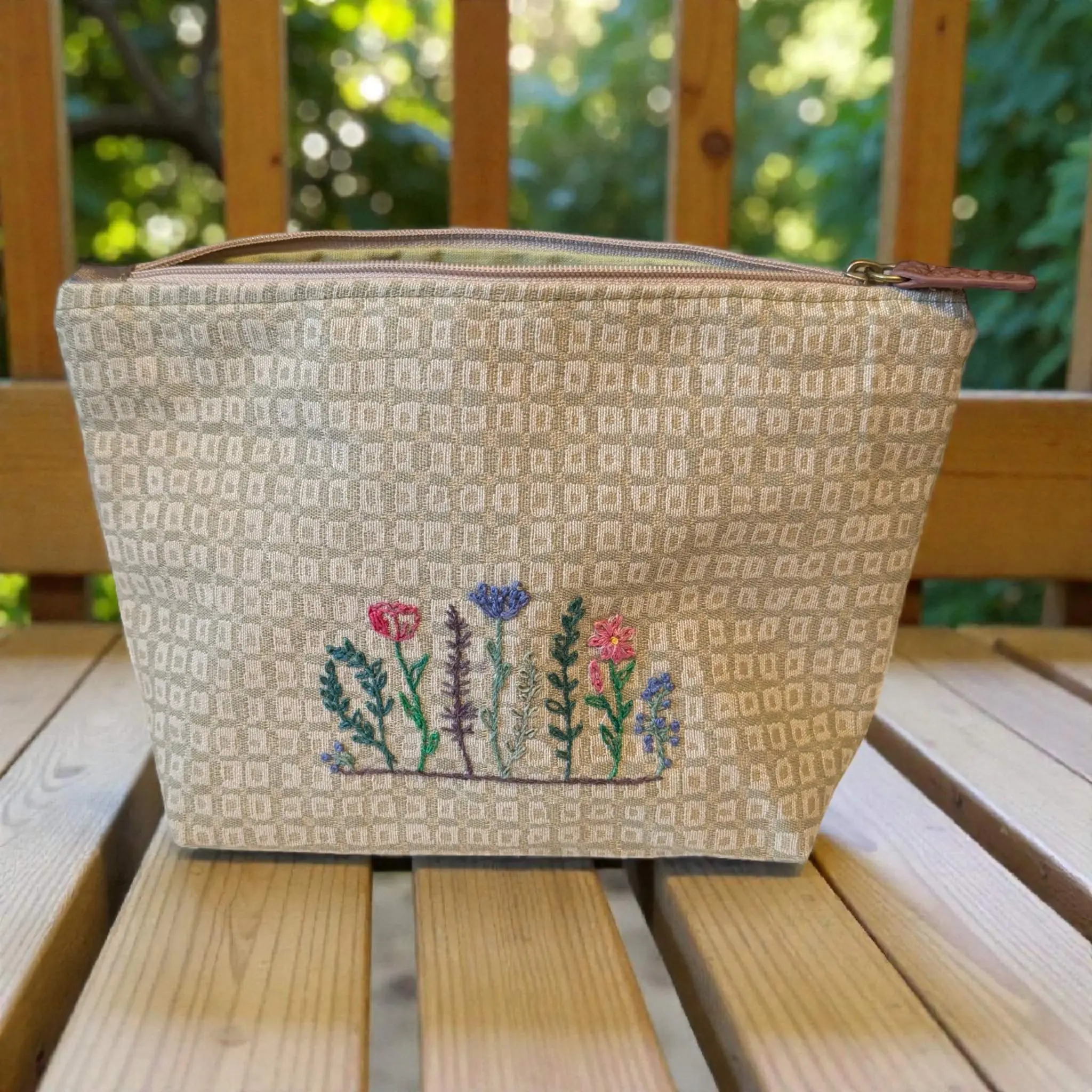 Embroidered Wildflower Sock Project Bag – Neutral Knitting Bag – Handmade Zipper WIP Bag