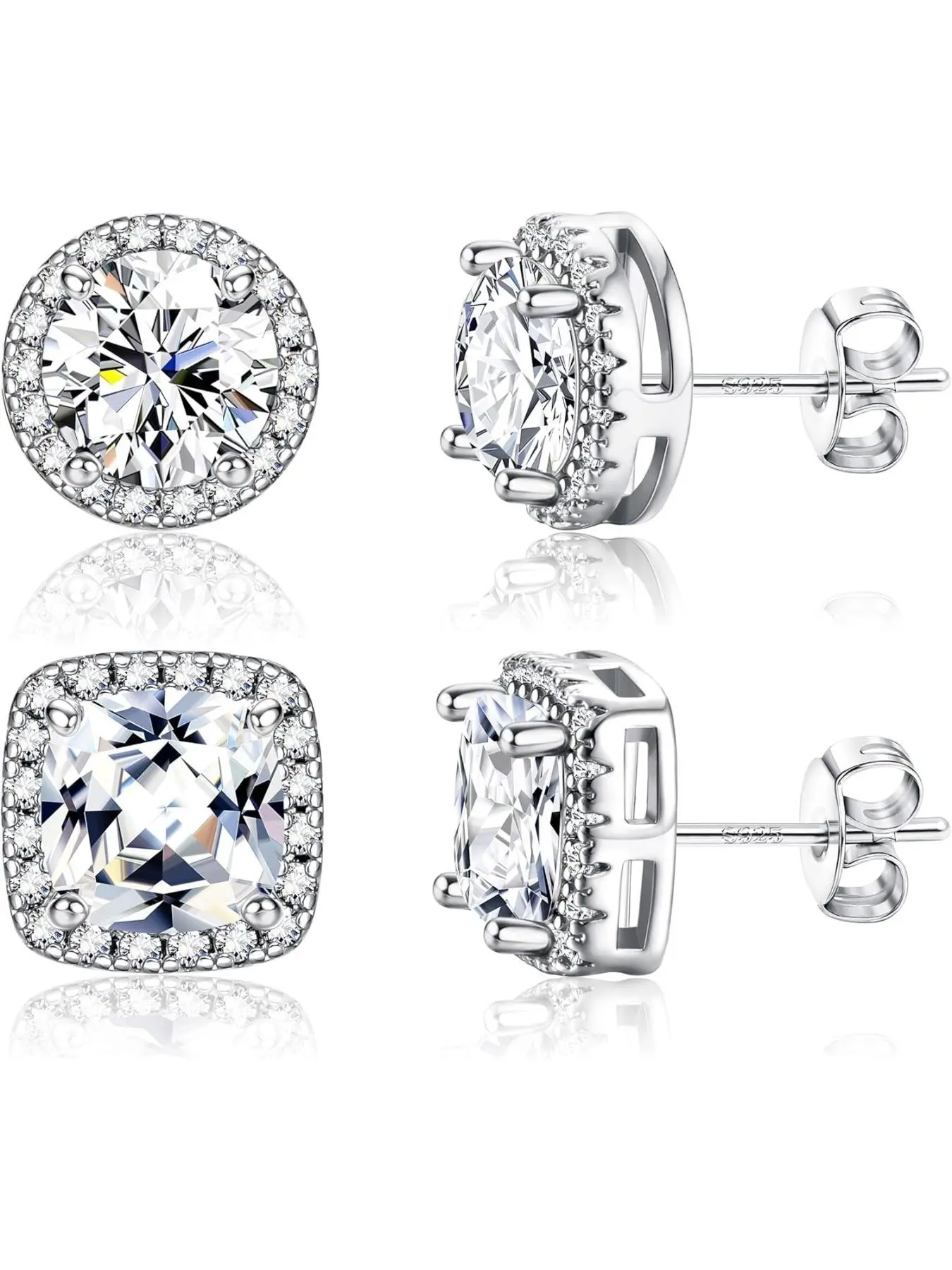 Shining Earrings, Stud Earrings for Women Men - 925 Sterling Silver Earrings for Sensitive Ears - 6/8/10mm Cubic Zirconia Stud Earrings - 18K Gold Plated CZ Halo Earrings 2/4Pairs Square Stud Earrings Stud Earring Jewelry