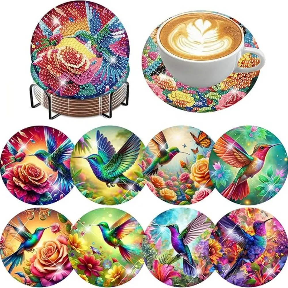 8 pieces/set animal bird pattern diamond painted coaster set rhinestone heat-resistant beverage mat with holder, Coasters For Drinks, DIY coaster beginner, diamond set craft supplies, diamond art craft supplies gift, Diamond Painting Coasters