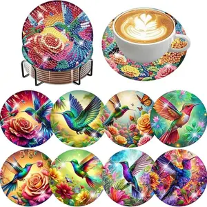 8 pieces/set animal bird pattern diamond painted coaster set Sparkling rhinestone heat-resistant beverage mat with holder DIY coaster beginner, diamond set craft supplies, artificial diamond art craft supplies gift Diamond Painting Coasters