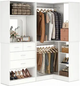 Unikito L-Shaped Corner Closet Organizer with Mirror and 4 Storage Drawers, Walk-In Closet System with 2 Hanging Rods & Open Shelves, Space Saving Wardrobe, 1300+ lbs Capacity, Set of 2