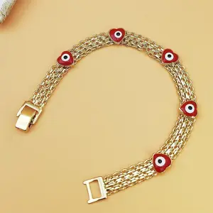 Women's Bohemian Evil Eye Pendant Bracelet, Gold-Plated Copper Wide Chain with Red Beaded Charms, Durable Symbolic Protection Costume Jewelry for Daily and Everyday Wear