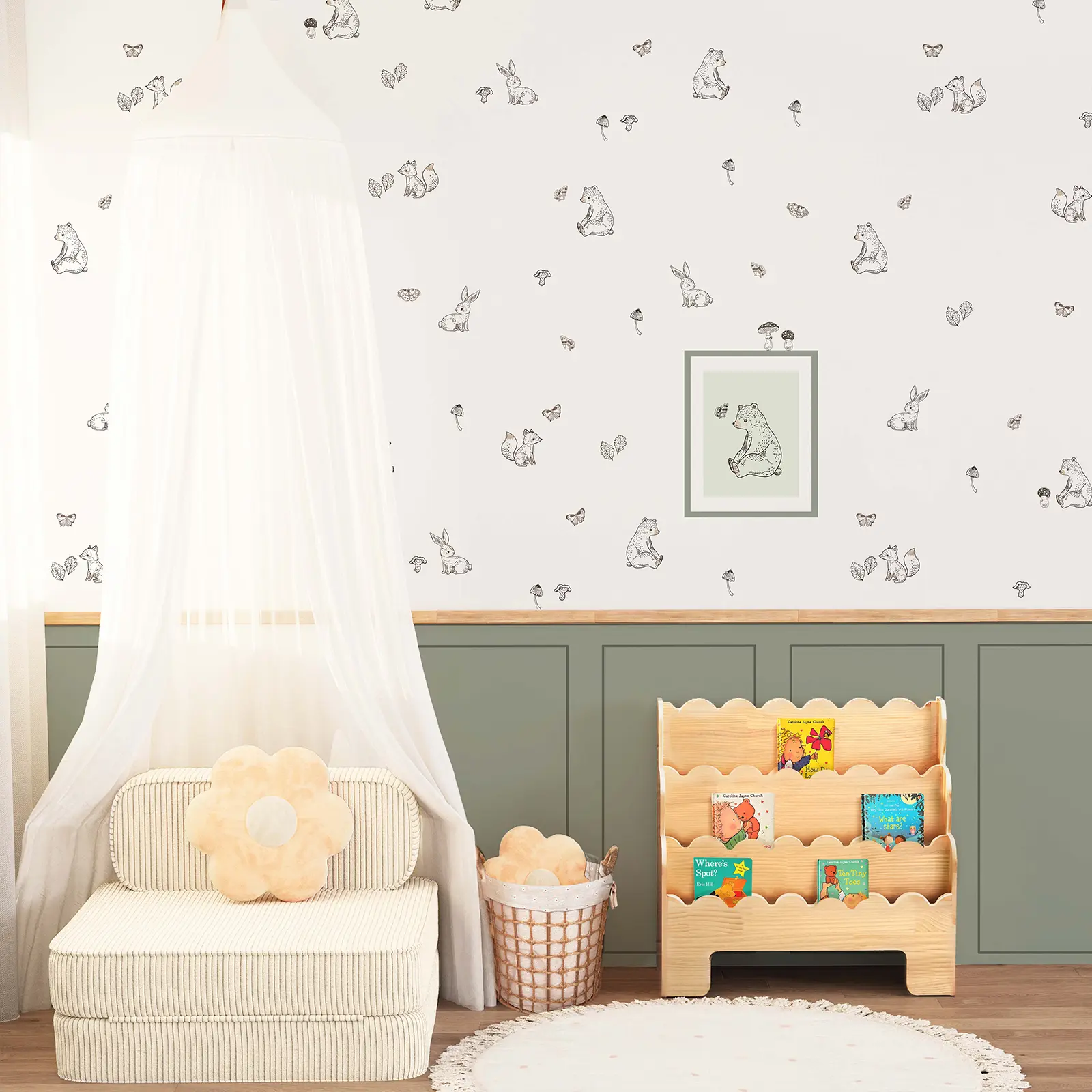 Peel and Stick Nursery Wallpaper Set, Cute Woodland Animal Wall Decals, Sage Green Wainscoting Wall Panels for Kids Room, 2/4 Panel Options Waterproof