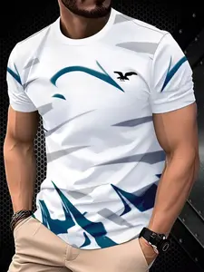 Men's Breathable Casual T-Shirt with Eagle Pattern, Lightweight Polyester, Round Neck, Outdoor Activity Wear, Sporty Design, Athletic Activewear