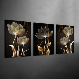 3Counts/Set Framed Modern Abstract Design Black and Gold Floral Canvas Poster, Art Prints, Abstract Luxury Wall Art, Ready To Hang, Wall Picture for Living Room, Bedroom, Home Decor