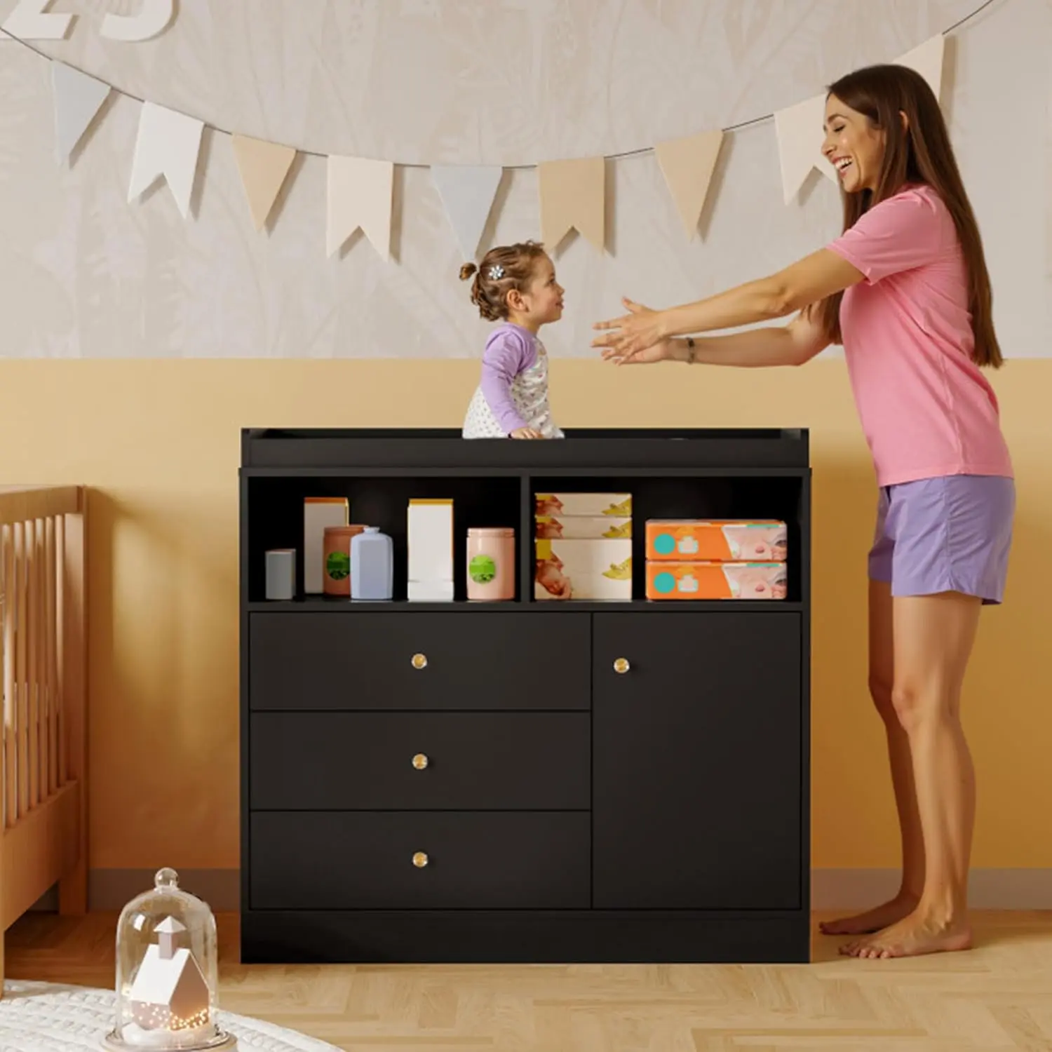 Nursery Dresser with Changing Table Top - Tall Wooden Diaper Changing Station with 2 Open Shelves, 3 Drawers, and 1 Cabinet, Ideal for Children's Room, Black - TikTok Shop Nursery Dresser with Changing Table Top - Tall Wooden Diaper Changing Station with 2 Open Shelves, 3 Drawers, and 1 Cabinet, Ideal for Children's Room, Black - TikTok Shop
