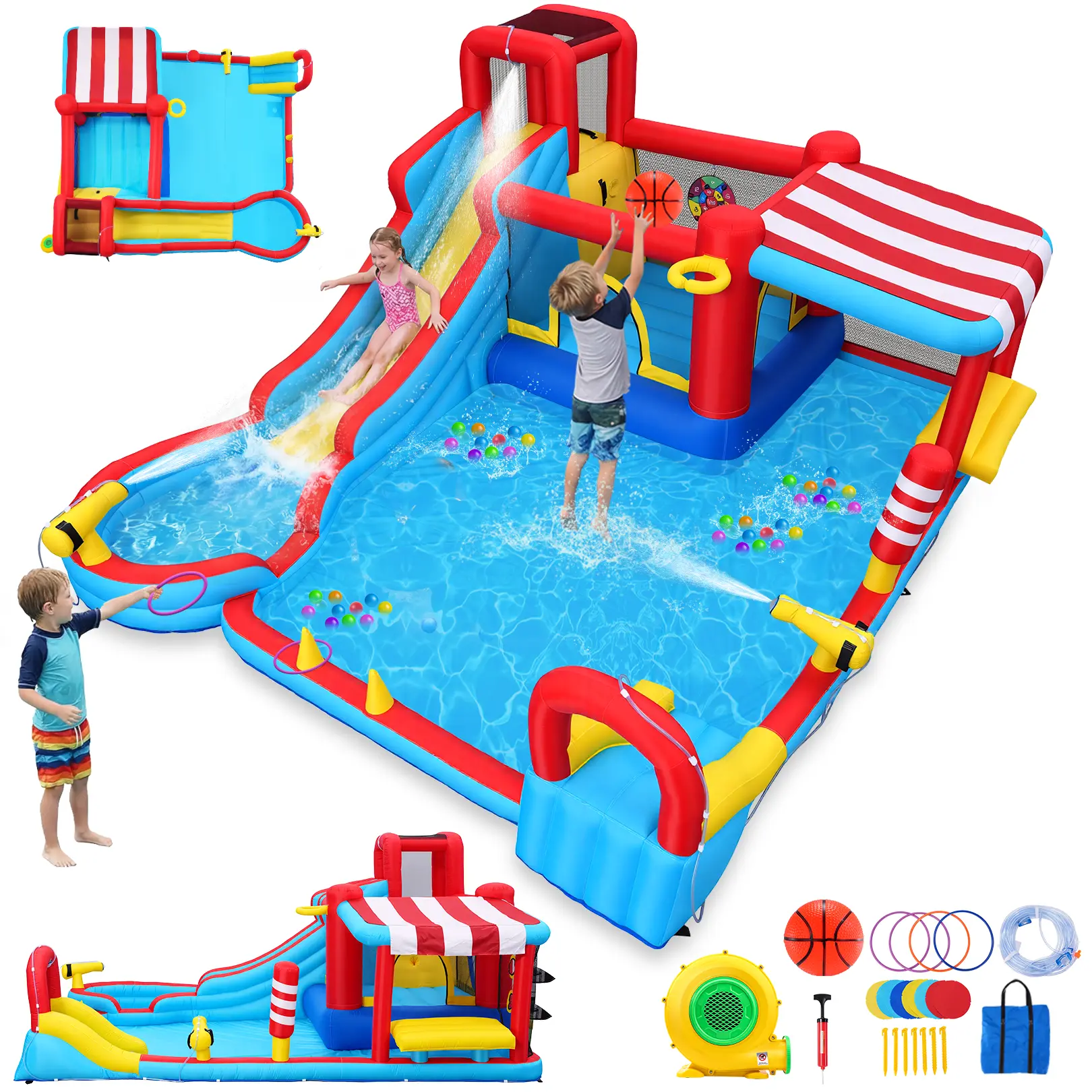 Whubefy Inflatable Bounce House, All-in-One Water Slide Play Park, Wet & Dry Use, Giant Jumping Area, Climbing Wall, Water Guns, Boxing Bag, Ring Toss Games, Included Blower, Outdoor Fun, Perfect Birthday Party Gift for Kids, mothersdaygift. Summervibes