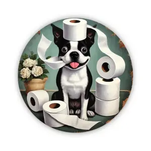 8" Round Boston Terrier Aluminum Sign Humorous Bathroom Decor Toilet Home Decor Products
