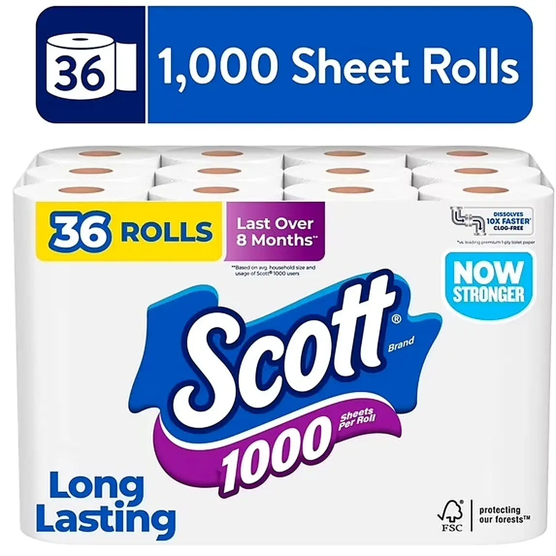 36 Rolls Toilet Paper, 1000 Sheets Per Roll, Long Lasting, Soft & Strong